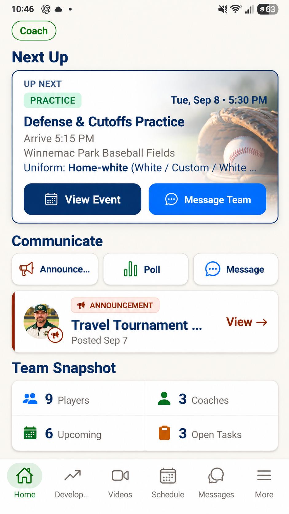DiamondWork mobile coach home showing the next event, communication tools, and a team snapshot.