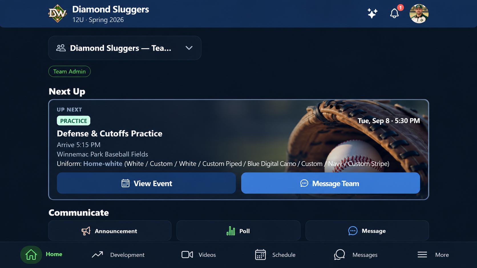 DiamondWork coach home on the web, showing the next scheduled practice and team communication shortcuts.